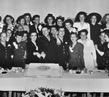 At the final banquet marking the deactivation of the WASP program on December 20, 1944, Nadine (front row, far right) and fellow pilots of the Sixth Ferrying Group in Long Beach say goodbye.