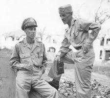 In 1945, Ed Ramsey (at left) and fellow officer John Boone in Manilaafter Gen. Douglas MacArthur decorated each with the Distinguished Service Cross, the second-highest military award, given for “extreme valor during combat”.