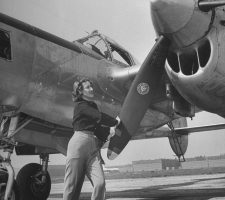 On March 25, 1946, LIFE published a story under the headline “Personal P-38”, including a photograph of Nadine holding the propeller of the plane’s left engine; the photo appeared on the back cover of LIFE’s international edition. (The LIFE Picture Collection/Getty Images)